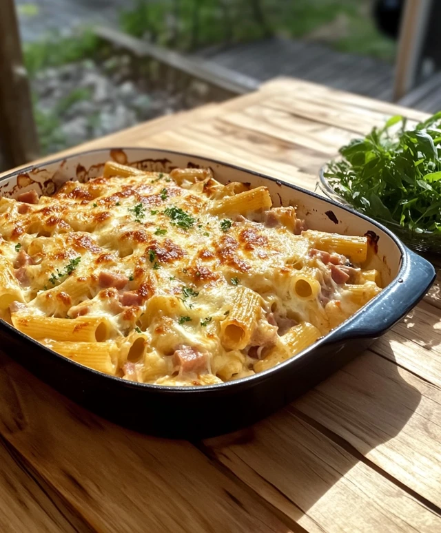 Überbackene Rigatoni mit Schinken