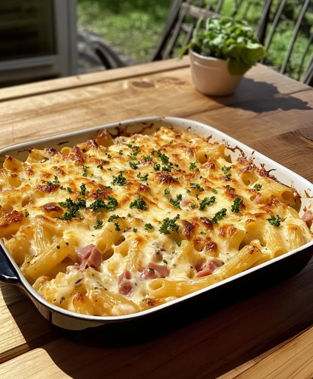 Überbackene Rigatoni mit Schinken